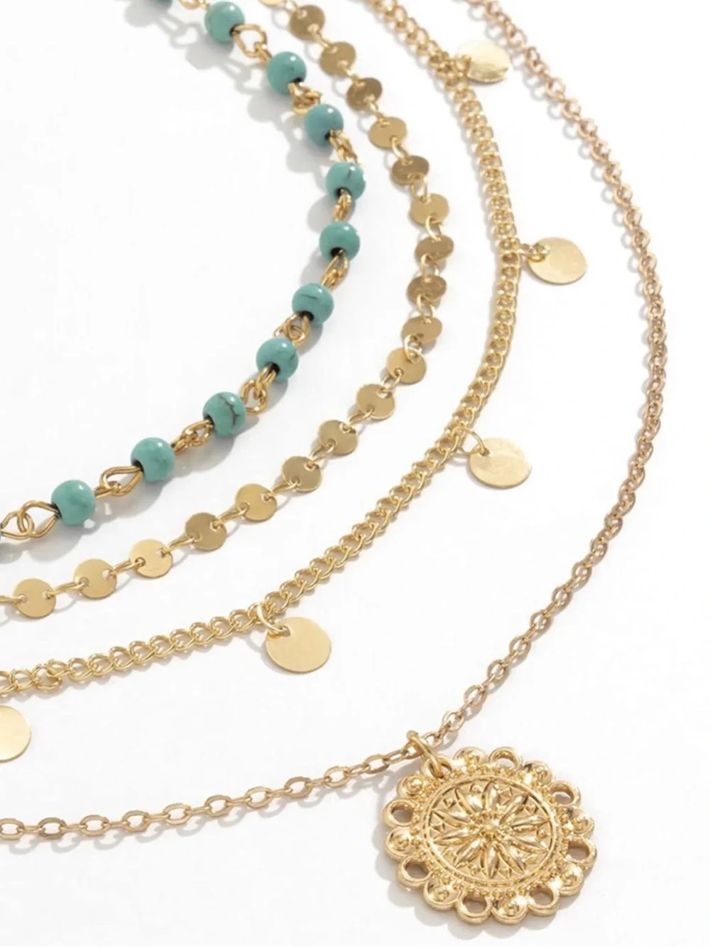 Anthropologie Gold Layered Medallion Necklace with Turquoise Beads